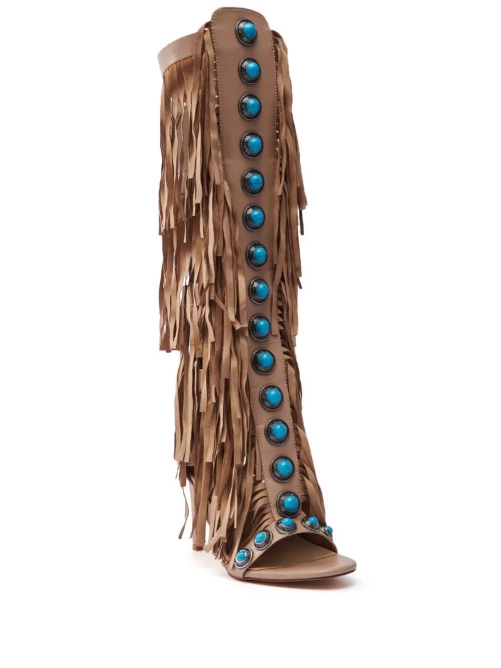Fringe Knee-High Open-Toe Heels with Turquoise Studs - Brown